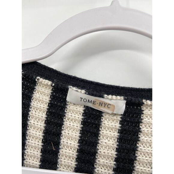 Tome Black White Striped Merino Wool Long Sleeve Crossover Wrap Sweater Size 16 - Picture 5 of 7